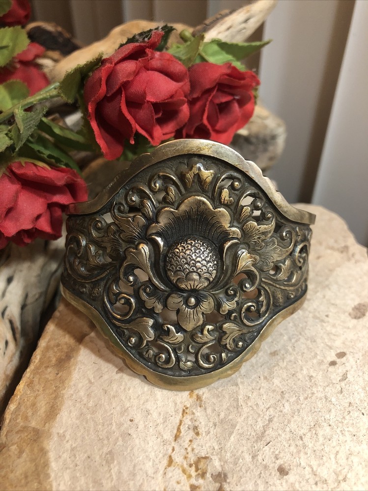 Vintage Yogya Silver 800 Floral Scroll Open Work Cuff Bracelet 43.7g, Adjustable
