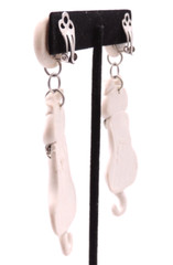 White Cat Kitty Earrings READ Vintage 80s Clay Ceramic Rhinestone Dangle Clip-On