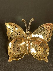 Set of 2 Butterfly Pin Brooches Gold Tone Metal Faux Pearl