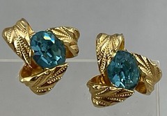 Vintage Sky Blue Rhinestone Brushed Gold Tone Clip Earrings