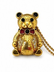 Vintage Teddy Bear Locket Necklace Gold Tone Rhinestone Hidden Honey Pot 34”