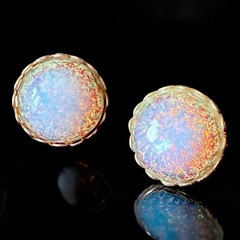 Opal Glass Clip On Earrings Iridescent Dome Gold Tone Vintage Mid Century