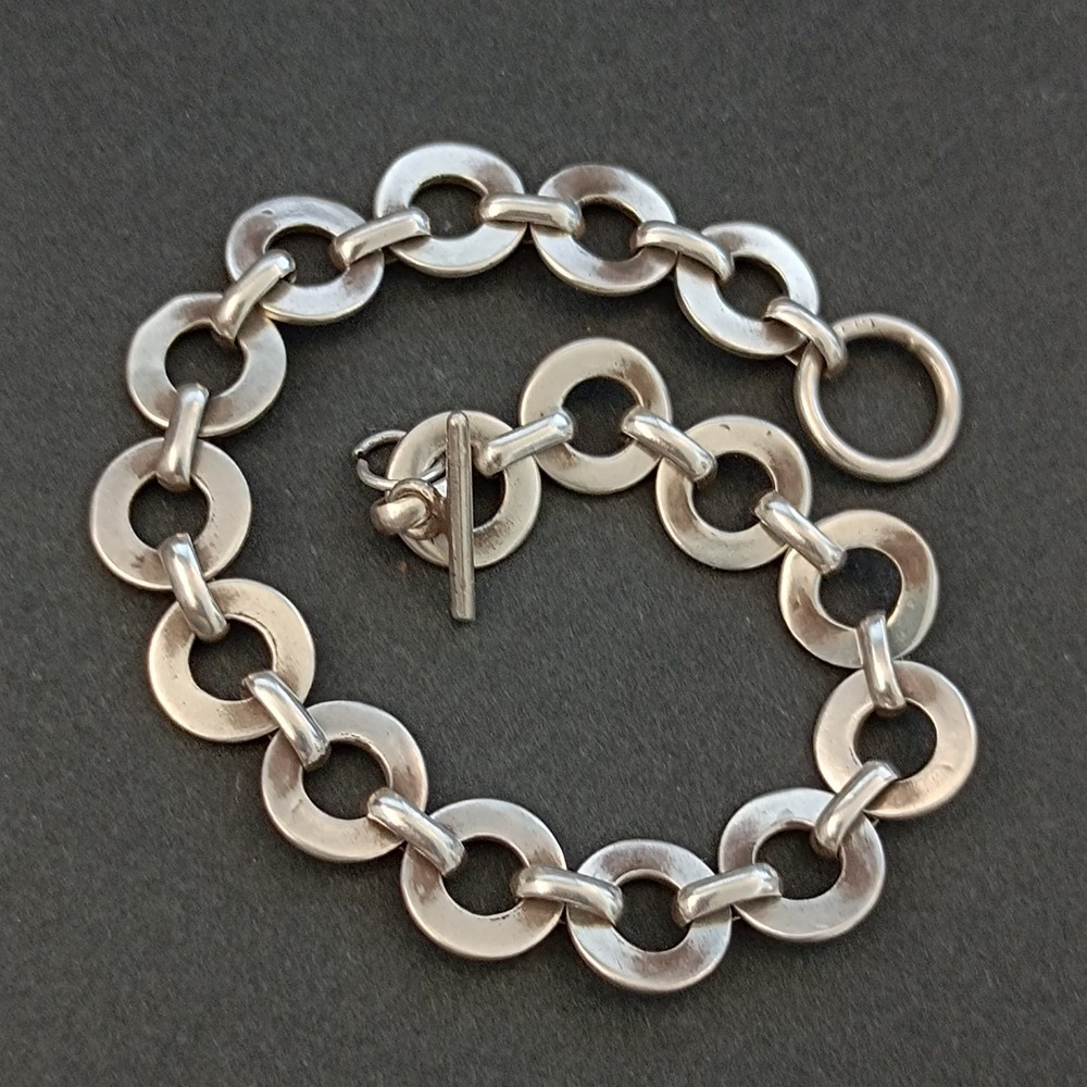 Vintage Sterling Silver Circle Link Bracelet Modernist Minimalist Toggle Round
