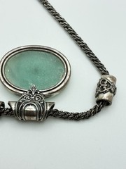 Sterling 935 Roman Glass Sea Green Oval Pendant Rope Chain Silver Necklace VTG