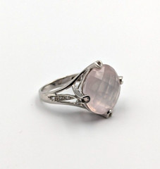 Sterling Silver 925 Checkerboard Cut Pink Chalcedony Clear Topaz Ring Sz 6