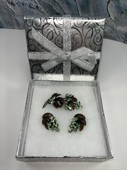 Vtg Austria Brooch Earrings Green Crystals Rhinestones Copper leaves
