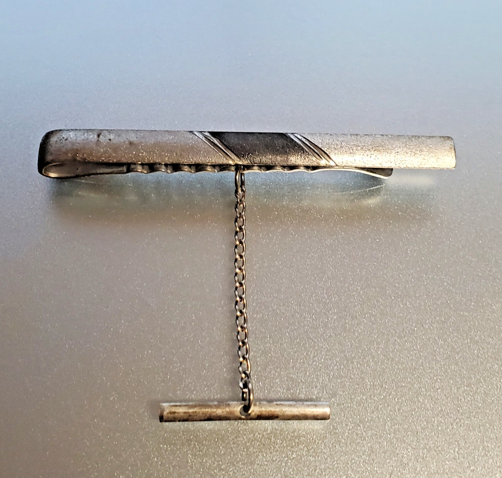 925 Tie Clip 2.5in Sterling Silver 8g Two Tone Gray Engine Turn Chain Bar Estate