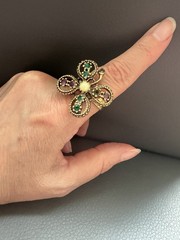 Vintage Gold Tone Butterfly Ring Beaded Design, Colored Stones, Adjustable, 11g