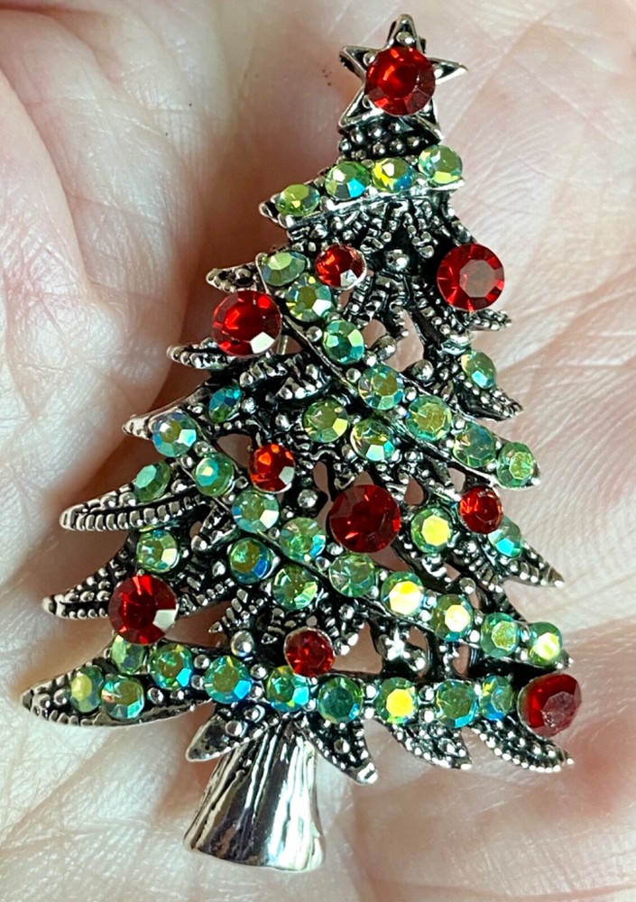 Green AB Rhinestone Christmas Tree Brooch 1.8X1.2 inches