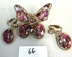 VTG Pink & Lavender Rhinestone Butterfly Brooch ,Clip-On Earrings Set,Gold Tone