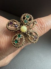 Vintage Gold Tone Butterfly Ring Beaded Design, Colored Stones, Adjustable, 11g