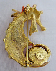 Vintage Gold Tone Lind Gal LG Enamel & Faux Red Cabochon Stone Seahorse Brooch