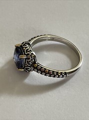 Simulated Square Blue Sapphire Stone Ring Scrolls & Beading on Band Size 8