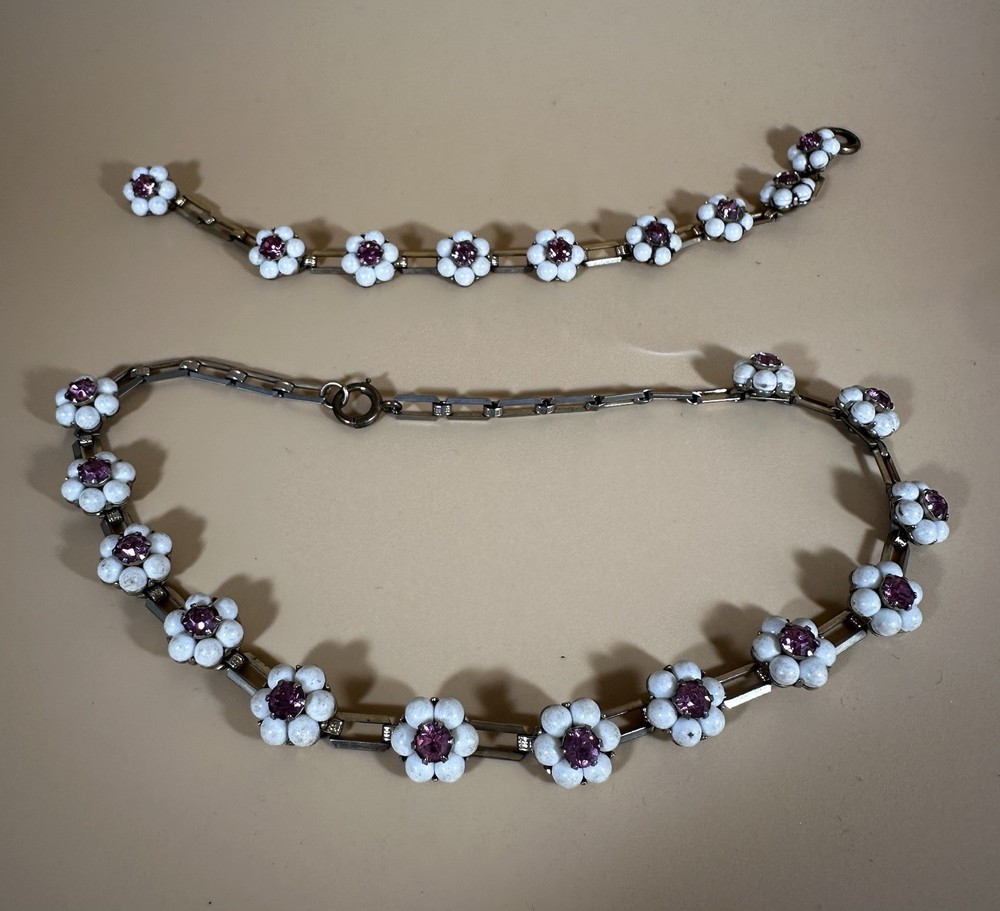 Vintage 1950s 1/20 GF Gold Bracelet And Choker Set White Flower With Pink Stones