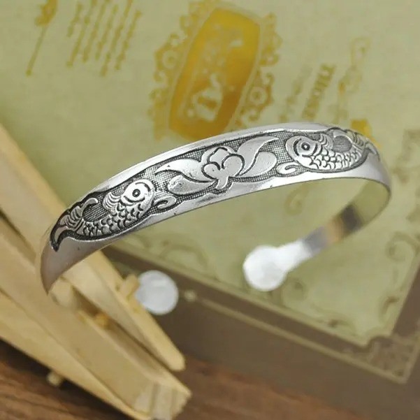 Retro Tibetan Silver Cuff Bracelet Carved Fish Elephant Flower Vintage Bangle