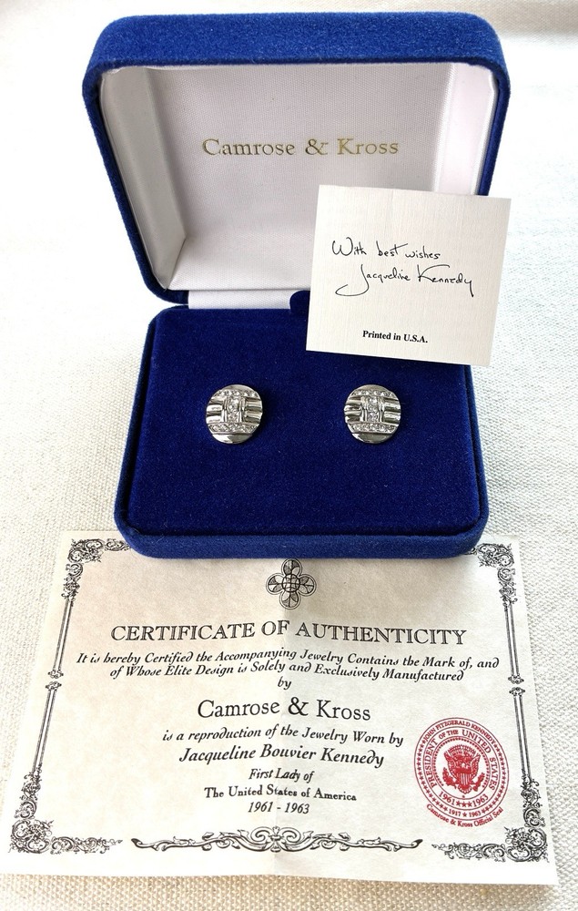 Camrose & Kross Jackie Kennedy Silver Rhinestone Earrings Pierced Signed Box COA