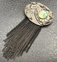 VTG 3.5” Silver Tone Fringe Abalone MOP Tassel Chains Dangle Pin Brooch