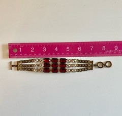 Vintage Bracelet Chain Link Gold Tone With Red & Clear Stones