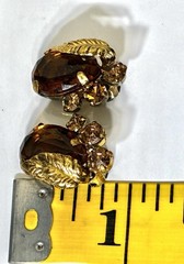 Vintage AUSTRIAN Flower Leaf Brooch & Earring Set, Topaz Crystal Rhinestones!