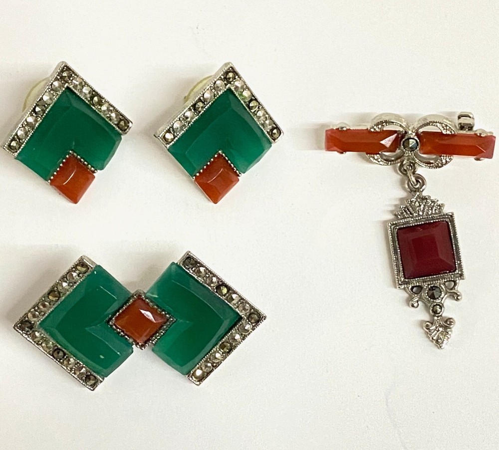 Vintage 1928 3 piece LOT RARE Art Deco Silver marcasite green jade orange glass