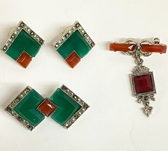 Vintage 1928 3 piece LOT RARE Art Deco Silver marcasite green jade orange glass