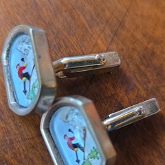 Swank Vintage Hand-Painted Skiing Sports Brass Rectangular Cufflinks