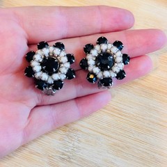 Weiss Earrings Starburst VTG Signed Jet Rhinestone Crystal Clip Round Flower 60s