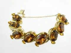 Vintage Costume Goldtone Metal Brown and Yellow Rhinestone Bracelet Unsigned