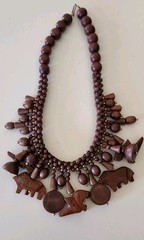 African Animal Bib Necklace Charm Carved Wood Elephant Wolves Brown Tribal Bead