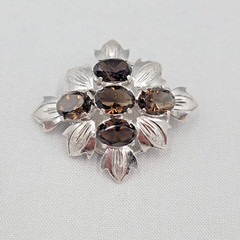 Vintage Brown Topaz Brooch Silver Leaf Pendant 1.75″