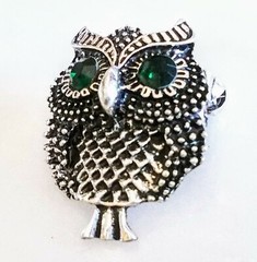 RHINESTONE OWL BROOCH!Wise Figural Animal Bird Motif Pin.Green Rhinestone Eyes.