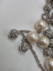 Ann Taylor Silver Tone Faux Pearl & Crystal Station Necklace 32″ Long
