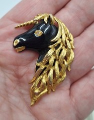 Vintage Enameled Designer Quality Black Unicorn Brooch Fantasy Core 2 Inch Chic