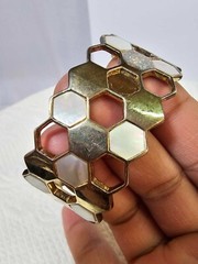 Signed skalli Paris? Cuff bracelet hexagon mother of pearl goldtone thick- READ