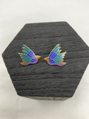 Vintage Laurel Burch Celestial Bird Cloisonne Enamel Post Earrings Gold Tone