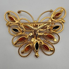 VINTAGE Black and Amber Glass Rhinestone Large Butterfly Brooch Pin Pendant