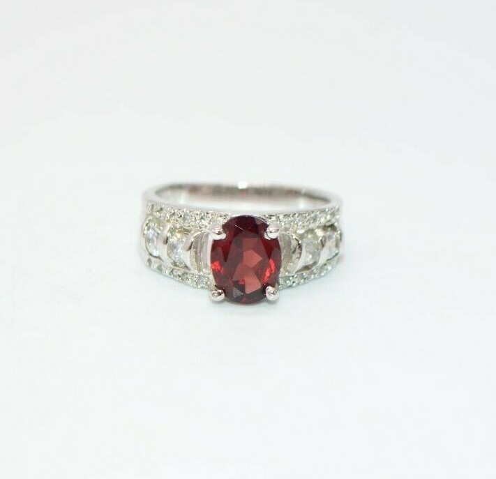 9K English White Gold Plated Red Almandine Clear Rhinestone Ring Size 7.25