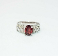 9K English White Gold Plated Red Almandine Clear Rhinestone Ring Size 7.25