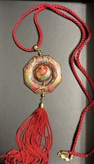 Vintage Cloisonné Red Floral Peacock Enameled Hexagon Tassel Necklace Bird New