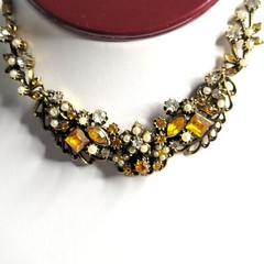 Floral Rhinestone Imitation Pearl Necklace With Gold Tone Metal Accents Vtg Hook