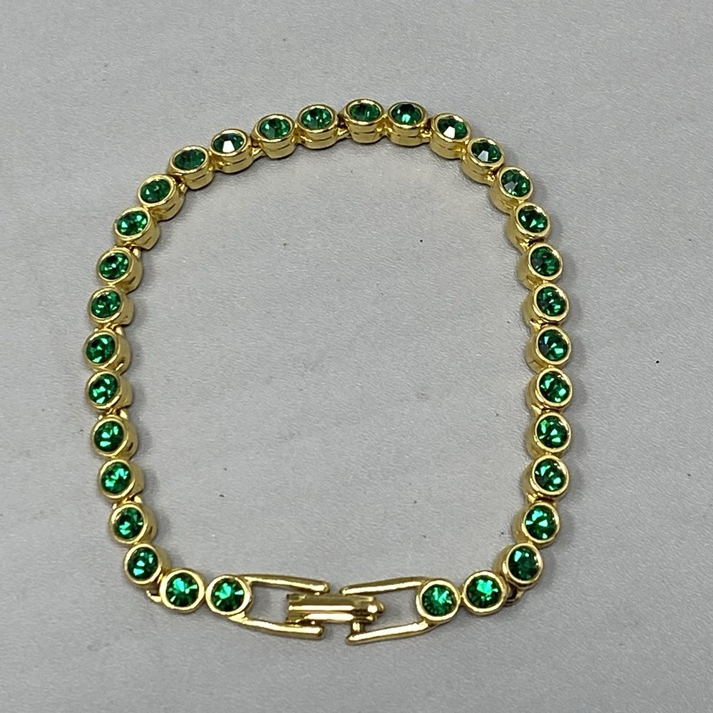 VTG Green Rhinestone Tennis Bracelet Gold Tone Faceted Glass Bezel Fold Over 7″