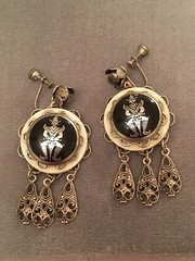 VTG Antique Damascene Parure: Screw Back Earrings & Pendant Filigree Metal Alloy