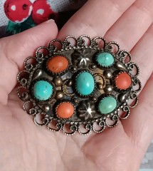 Antique Chinese Brass Turquoise & Coral Oval Brooch