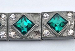 VTG ALLCO AL Lindroth 1920’s Art Deco Green & Clear Rhinestone Link Bracelet 7″