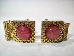 Vintage Pink Stone Gold Tone Mesh Cufflinks K836
