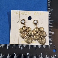 Vintage Fashion Earrings Gold-Tone Rhinestone Dangle Etched Hearts Romantic NOS