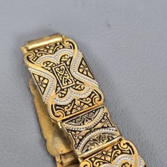 Antique Gold -Tone & Black Damascene Spain Brooch & Bracelet Floral Motif Ornate