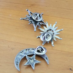 Vintage JJ Pewter Sun Moon Star Brooch Pin Lot 3pc Celestial Whimsigoth