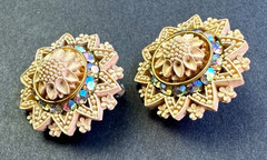 Vintage Cream Color Celluloid Intricate Flower Crystal Rhinestone Clip Earrings
