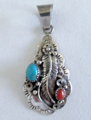 NAVAJO? STERLING PENDANT 2 INCHES, TURQUOISE & CORAL